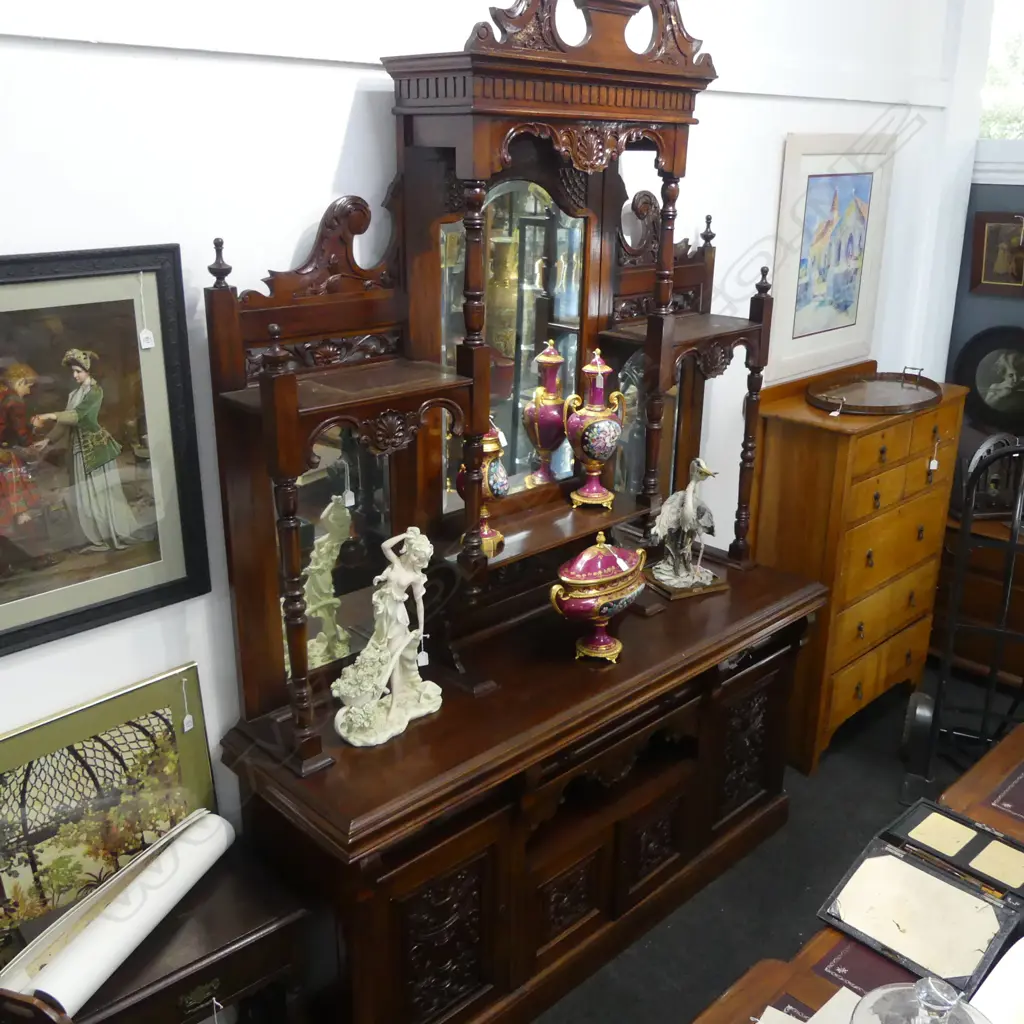 A SUBSTANTIAL INDONESIAN CARVED MIRRORED BACK SIDEBOARD  2520 x 1820mm Image 1++