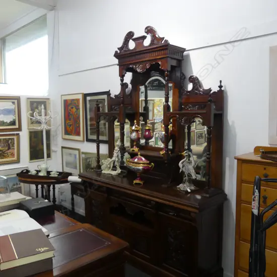 A SUBSTANTIAL INDONESIAN CARVED MIRRORED BACK SIDEBOARD  2520 x 1820mm