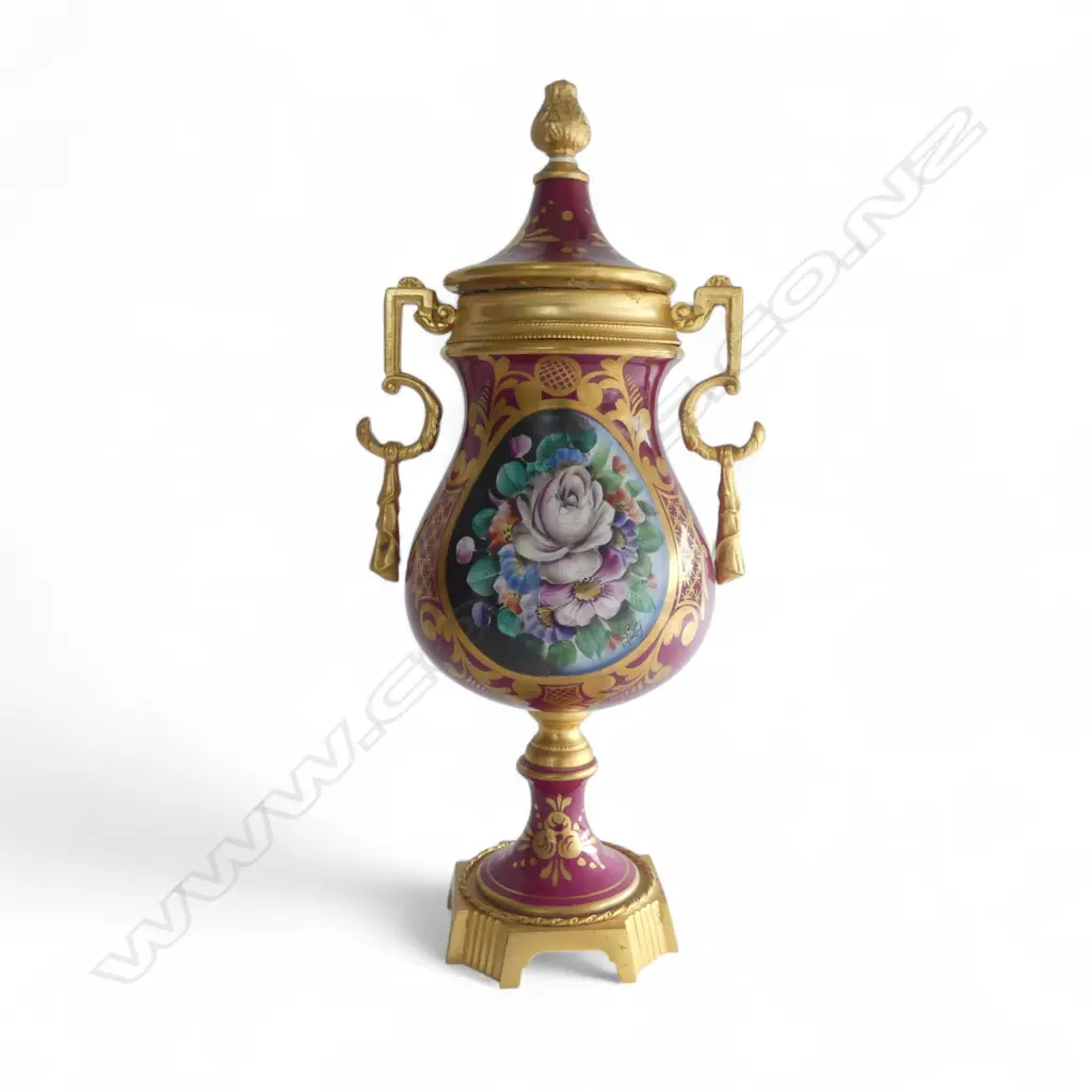 FRENCH SEVRES STYLE PORCELAIN & GILT LIDDED URN VASE, H.370 x 160mm Image 1++