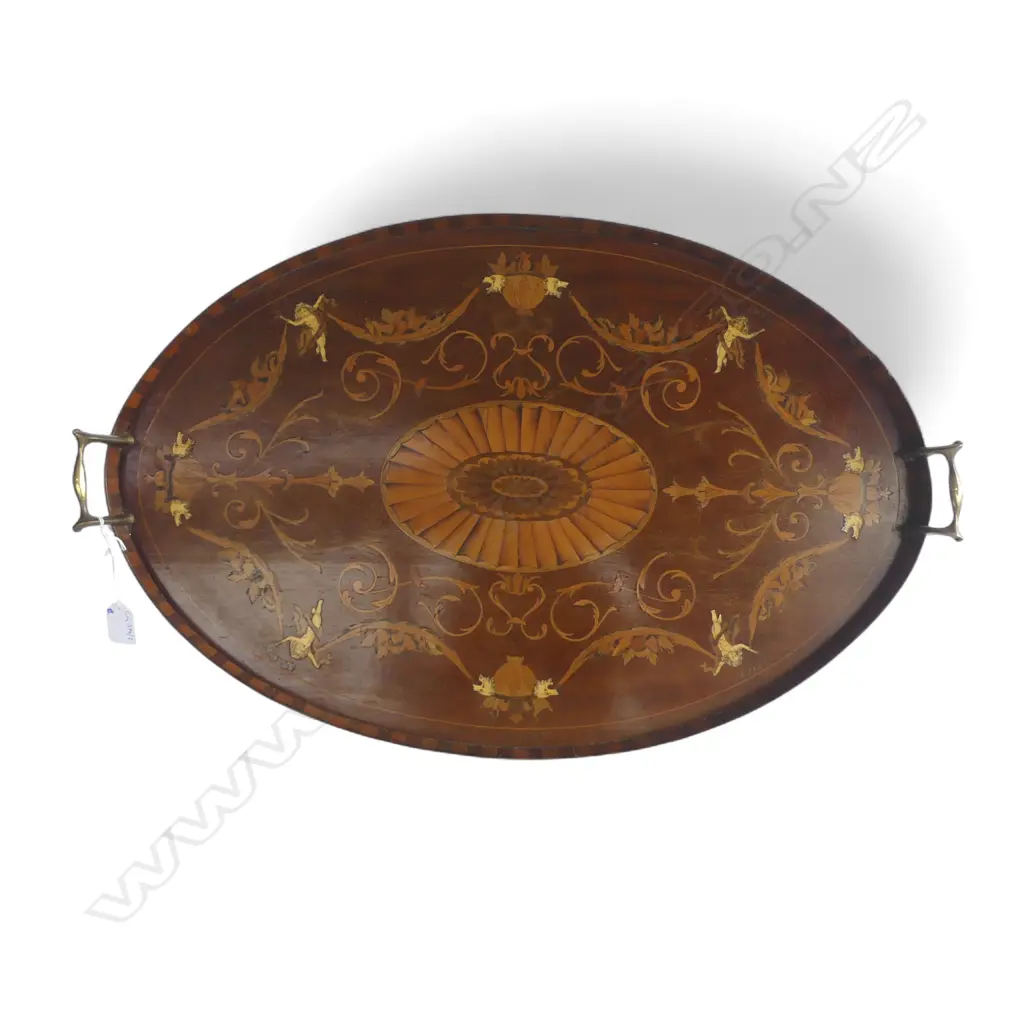 EDWARDIAN SHERATON REVIVAL MAHOGANY INLAID TRAY brass handles. Minor faults L.670 Image 1++
