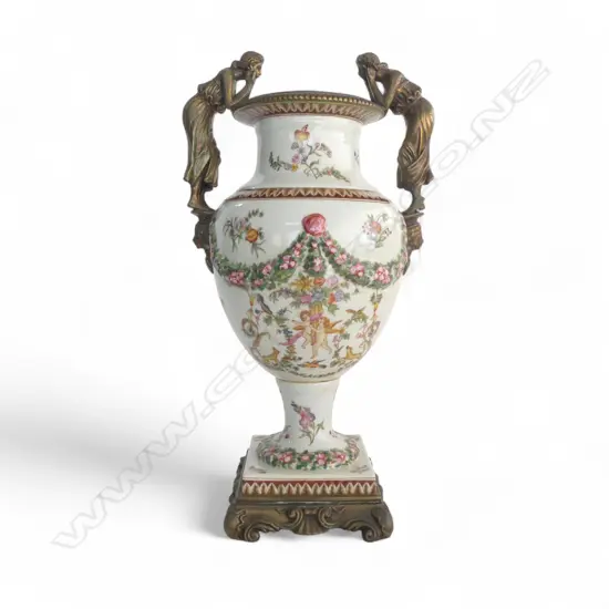WONG LEE PORCELAIN AMPHORA DEPICTING PUTTI AND FLOWERS WITH BRASS HANDLE MOUNTS OF CLASSICAL WOMEN 500 mm (H)