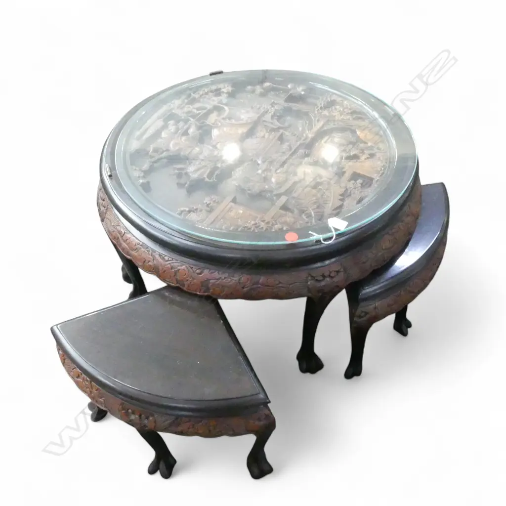 HAND CARVED ROUND CHINESE TABLE WITH FOUR NESTING CHAIRS 680 x 555 mm (VENEER PEELING OFF UNDER TABLE TOP)   Image 1++