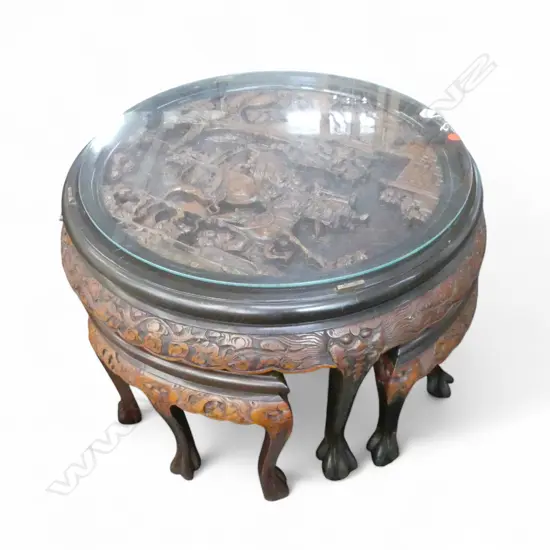 HAND CARVED ROUND CHINESE TABLE WITH FOUR NESTING CHAIRS 680 x 555 mm (VENEER PEELING OFF UNDER TABLE TOP)  