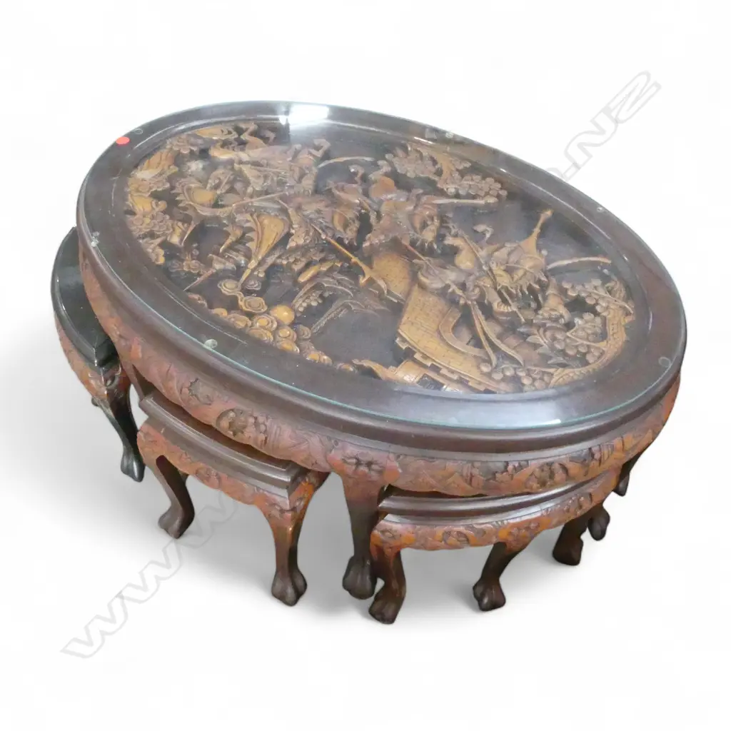 HAND CARVED ROUND ORIENTAL TABLE WITH SIX NESTING CHAIRS 520 X 950 MM Image 1++