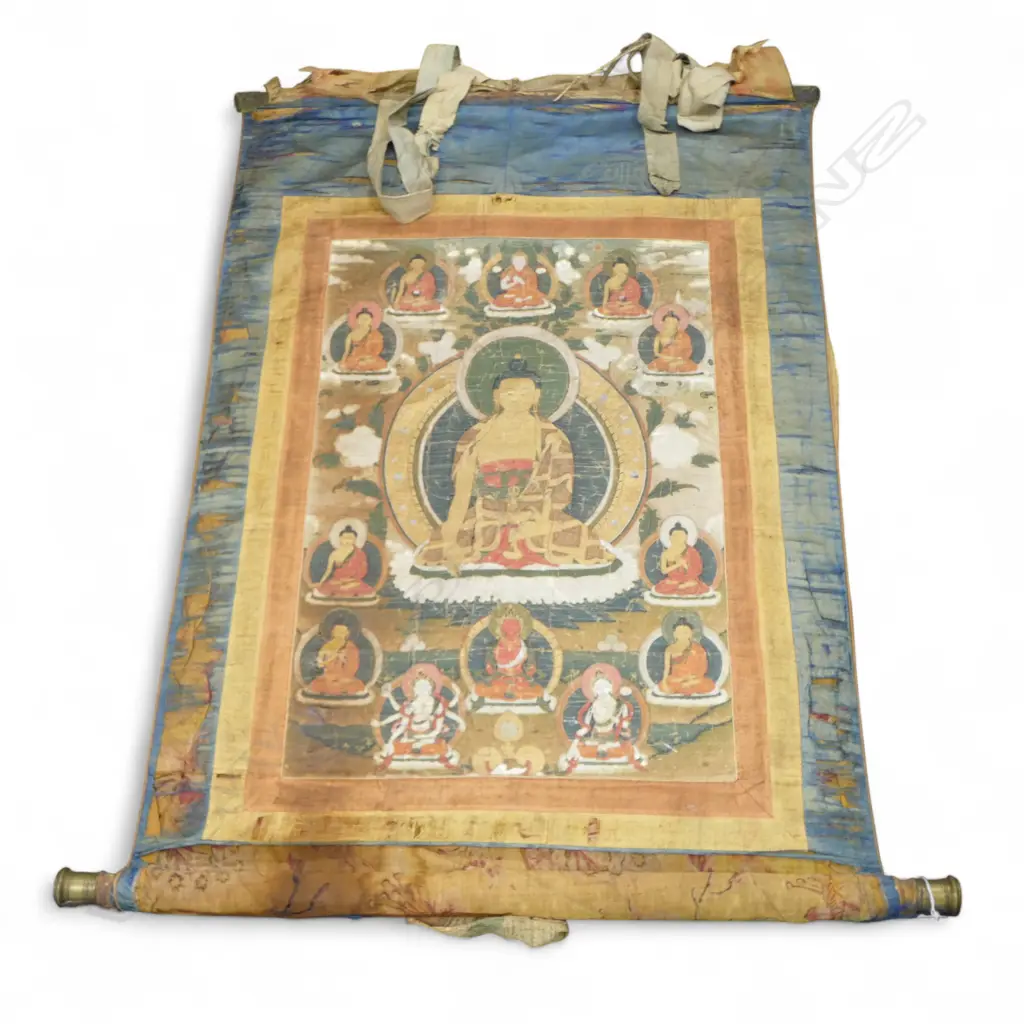 ANTIQUE TIBETAN BUDDISH THANGKA, CONSIDERABLY DISTRESSED 620x430mm image size Image 1++