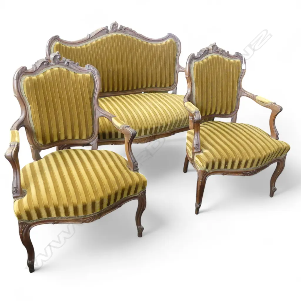 Mid 20thC FRENCH STYLE 3 PIECE PARLOUR SUITS. Pr open arm chairs + settee. Green/gold striped velvet upholstery. Image 1++