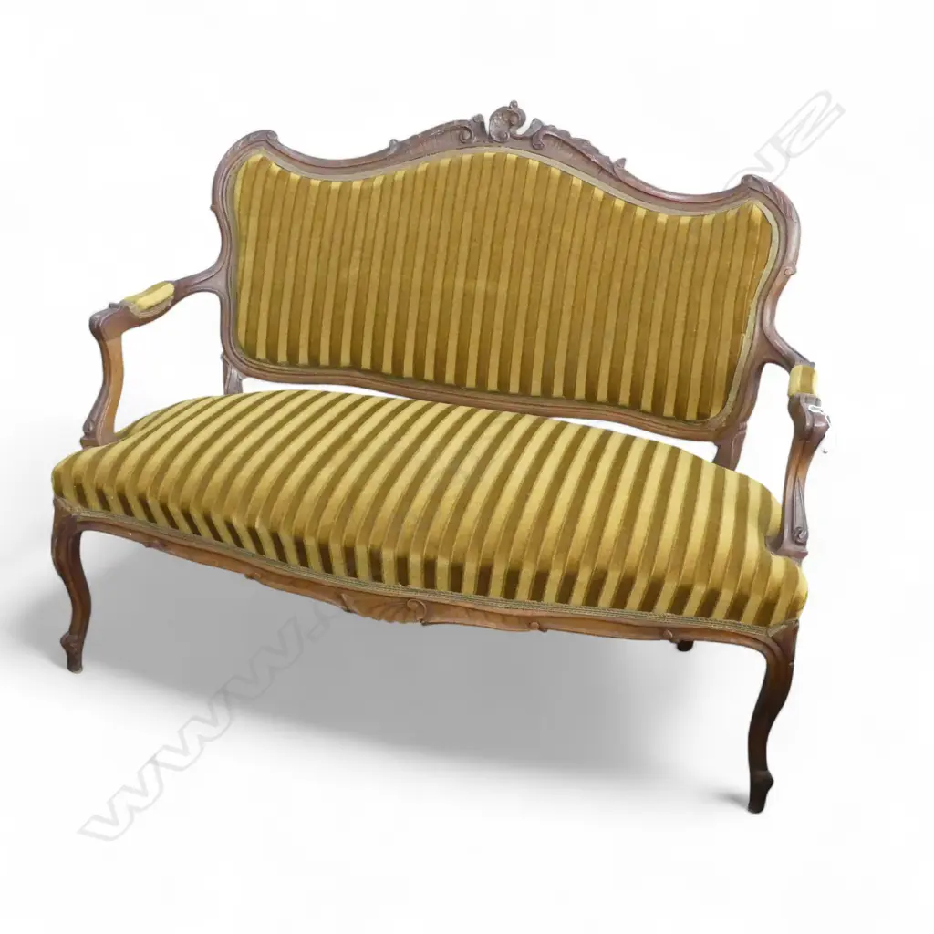 Mid 20thC FRENCH STYLE 3 PIECE PARLOUR SUITS. Pr open arm chairs + settee. Green/gold striped velvet upholstery. Image 1++
