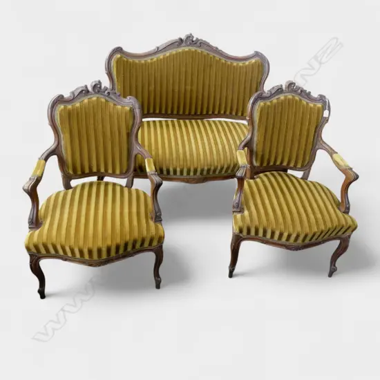 Mid 20thC FRENCH STYLE 3 PIECE PARLOUR SUITS. Pr open arm chairs + settee. Green/gold striped velvet upholstery.