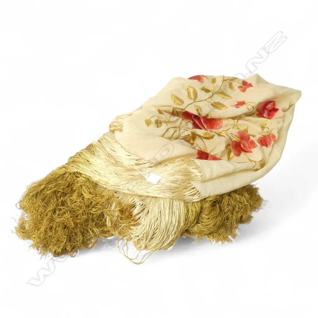 RED & GOLD SILK EMBROIDERED SHAWL with long gold fringe Image 1++
