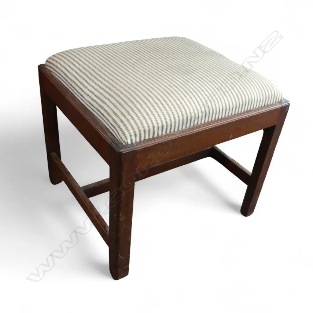ANTIQUE MAHOGANY FOOTSTOOL w. TICKING UPHOLSTERY 550x510x500mm Image 1++