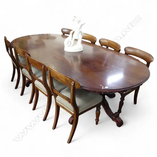MAHOGANY TWIN PEDESTAL BANQUET DINING TABLE 2600x1250x780mm + 8 MAHOGANY WILLIAM IV STYLE BLADE BACK DINING CHAIRS