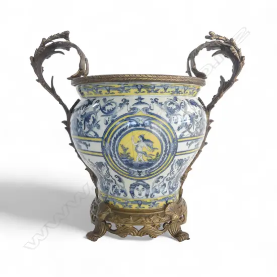 A SUBSTANTIAL WONG LEE PORCELAIN URN WIH GILT METAL MOUNTS 410 mm (H)