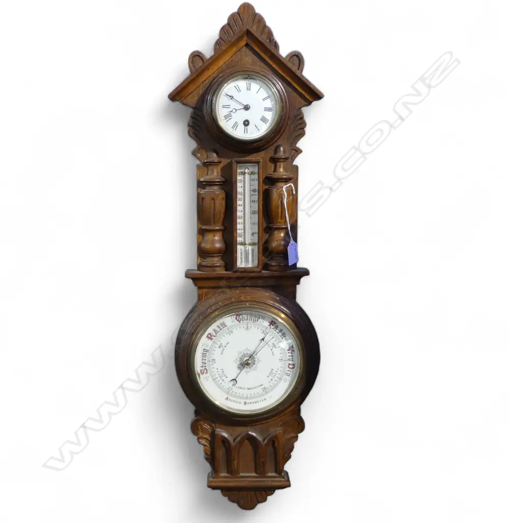 WALL MOUNTED OAK CLOCK ANEROID BAROMETER H780MM (From the Estate of Tommy Doyle) Image 1++