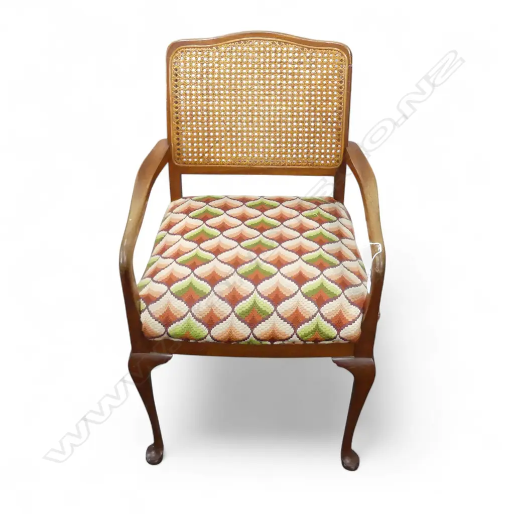 CANED BACK ARMCHAIR w. FLAME STITCH UPHOLSTERY Image 1++