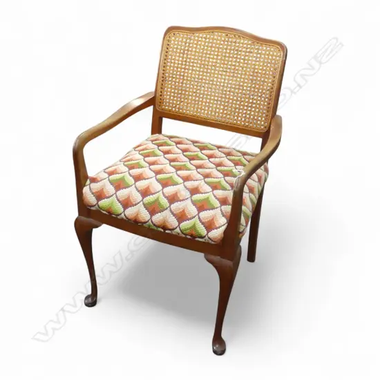 CANED BACK ARMCHAIR w. FLAME STITCH UPHOLSTERY