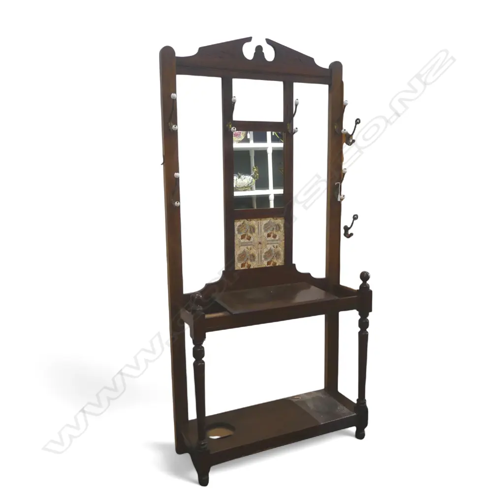 AN EDWARDIAN OAK HALL STAND INSET WITH FOUR FLORAL TILES AND MIRROR (MISSING ONE METAL DRIP TRAY)  2100 x 1200 mm Image 1++