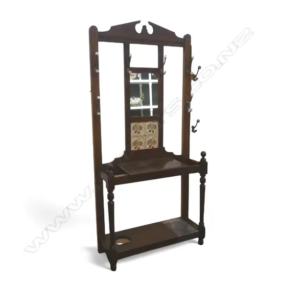 AN EDWARDIAN OAK HALL STAND INSET WITH FOUR FLORAL TILES AND MIRROR (MISSING ONE METAL DRIP TRAY)  2100 x 1200 mm