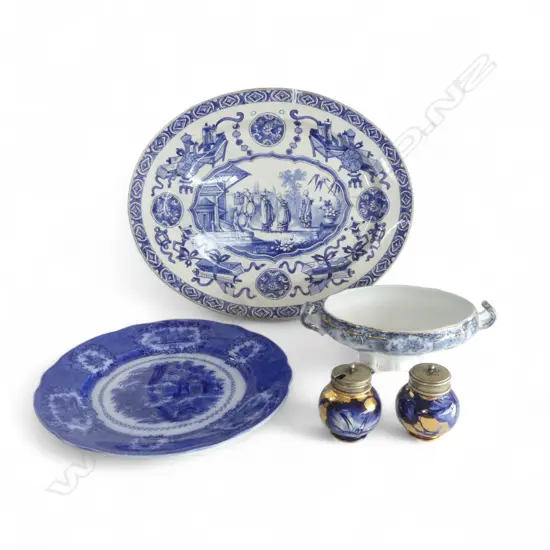 3 PCES B/W CHINA + PR CONDIMENTS; ASHET w. ORIENTAL PATTERN 290x355mm