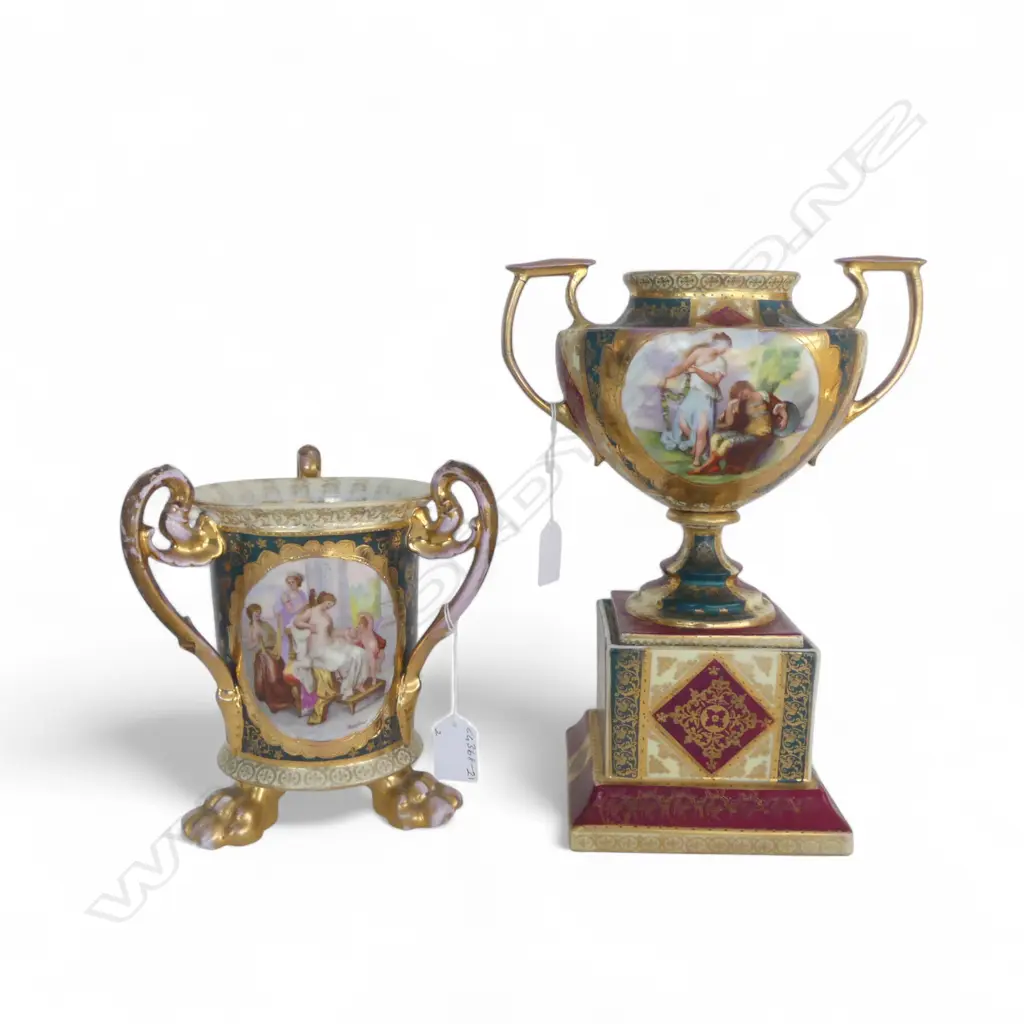 2 PCS ROYAL VIENNA; URN VASE on PEDESTAL, H.300mm & TRI HANDLED VASE 200mm (both w faults) Image 1++