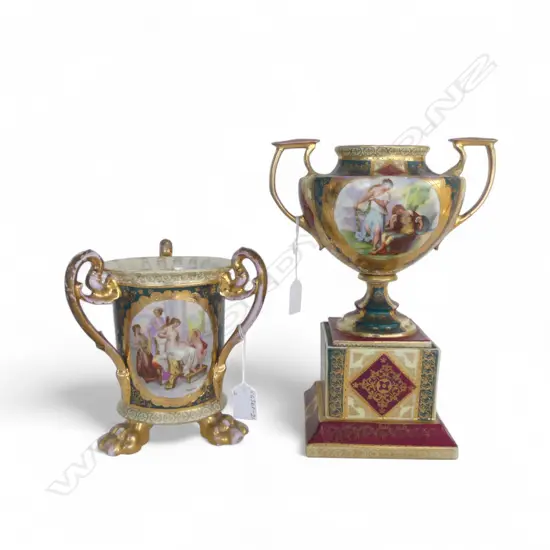 2 PCS ROYAL VIENNA; URN VASE on PEDESTAL, H.300mm & TRI HANDLED VASE 200mm (both w faults)