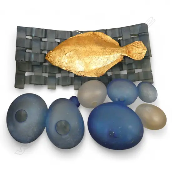 8 BLUE GLASS ORBS W.130mm, WOVEN PIECE AF + C. SENESI GOLD FISH 2007 L.305mm