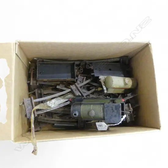 BOX OF HORNBY TRAIN TRACK, ENGINE TENDERS ETC 