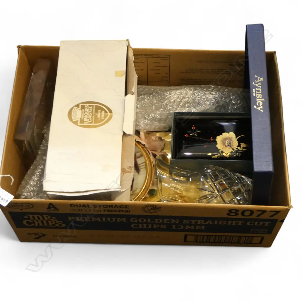 BOX OF CHINA (Limoges VASE boxed +Aynsley horse plate etc) + cars a.f + Crystal jug ETC Image 1++