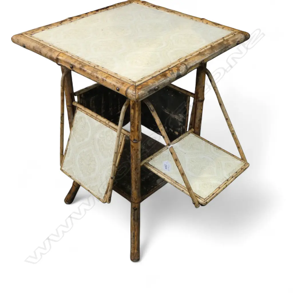 EDWARDIAN BAMBOO OCCASIONAL TABLE w. FOLDOUT SHELVES Image 1++