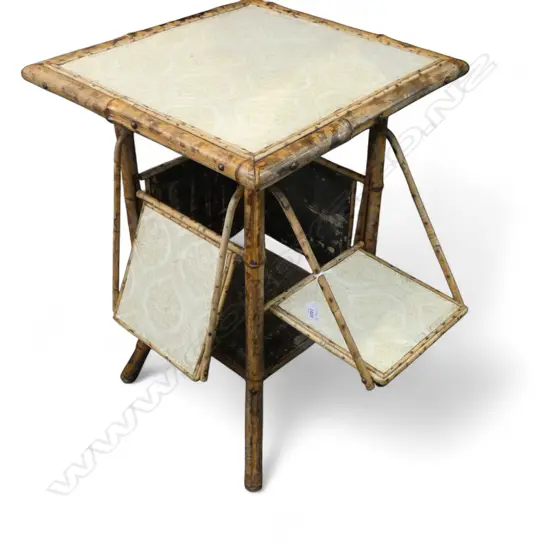 EDWARDIAN BAMBOO OCCASIONAL TABLE w. FOLDOUT SHELVES