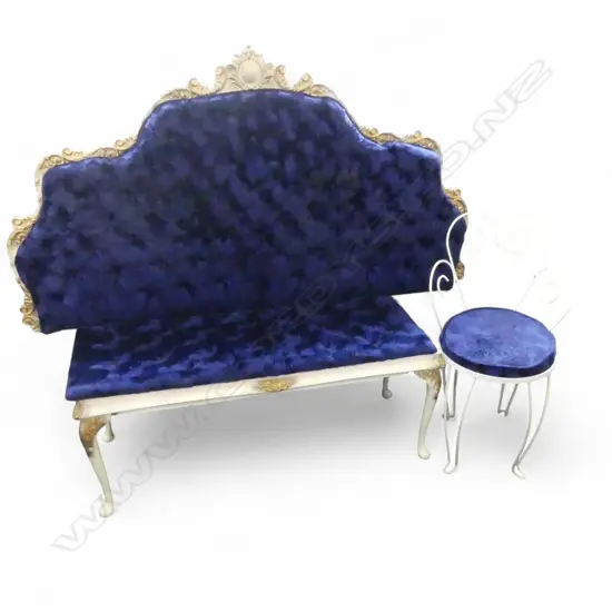 3 PCES w. BLUE VELVET; HEADBOARD, BENCH, CHAIR