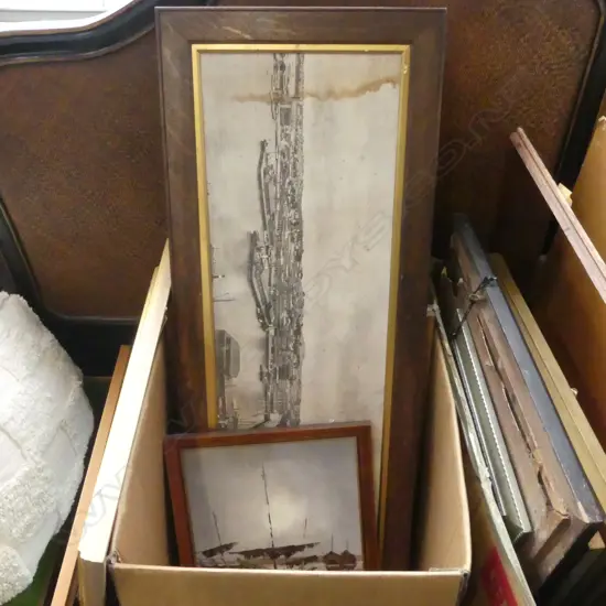 GROUP LOT OF ARTWORKS INCLUDING FRAMED EMBRODERY AUSTRALIAN LANDSCAPE OLD PRINT OF AUCKLAND HARBOUR