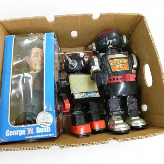 2 TOY ROBOTS + GEORGE W. BUSH ANIMATED FIGURE, BOXED