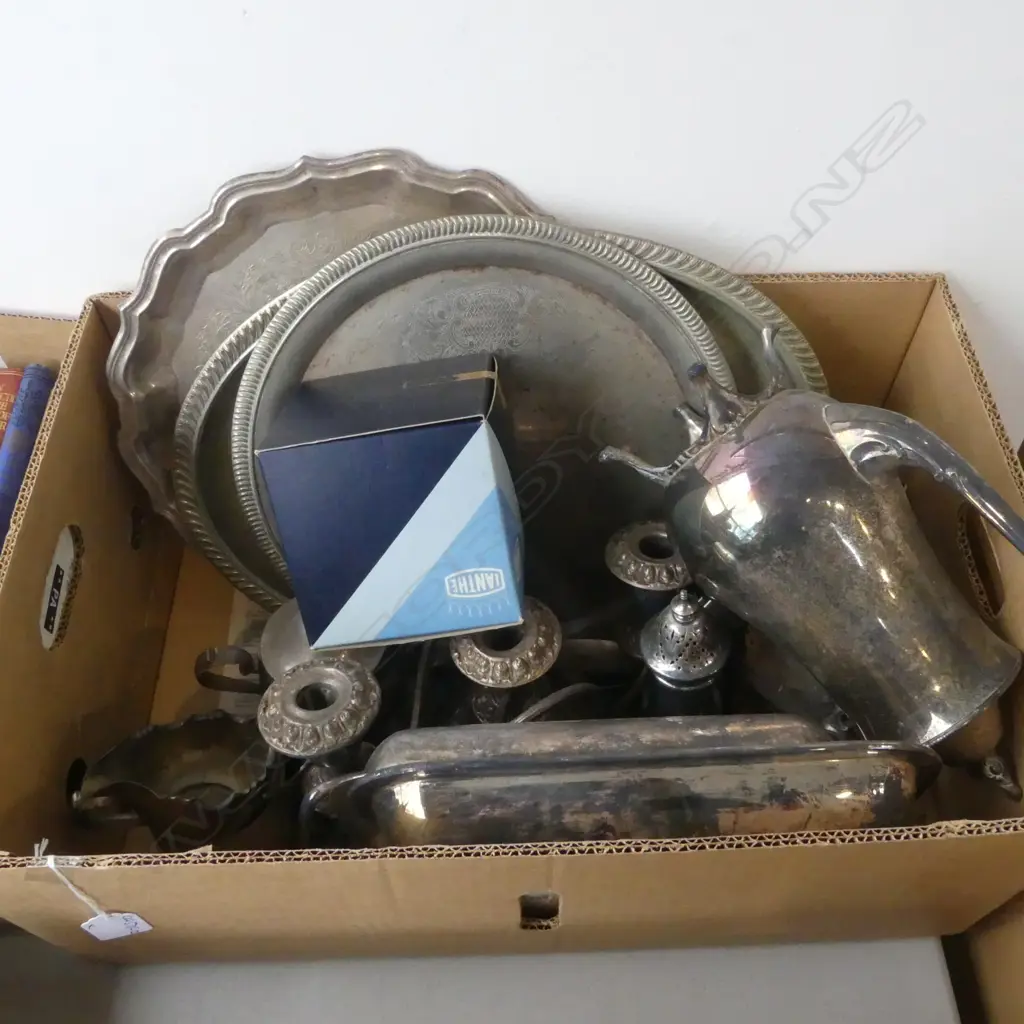BOX OF VINTAGE SILVER PLATE: trays + coffee pot + candelabra + cutlery etc Image 1++