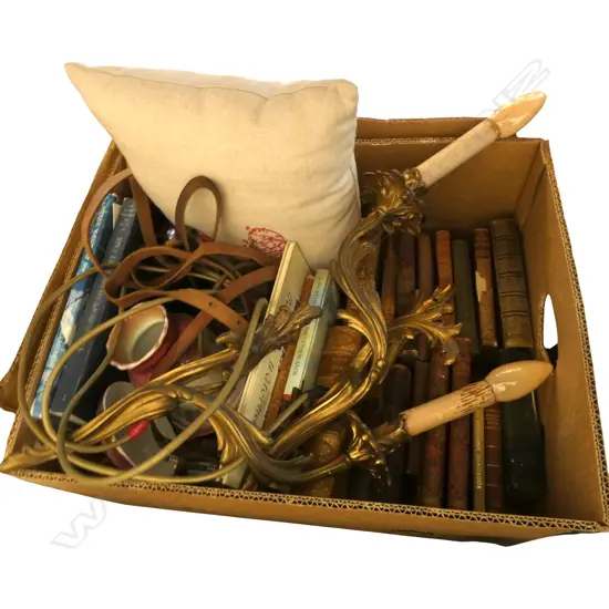 ANTIQUE BOOKS, PR GILT METAL SCONCES (MIRROR PR) ETC