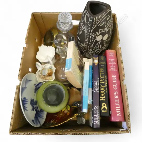 ANTIQUE GUIDES, HARRY POTTER BOOKS, 2 DECANTERS ETC