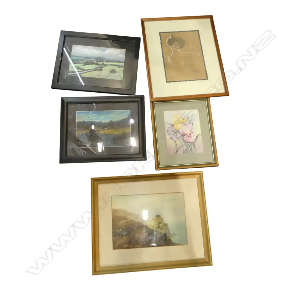 5 ARTWORKS; IRISES ON TILE, KLIMT PRINT, LANDSCAPE WC, 2 KEN PAGETT PASTEL LANDSCAPES Image 1++