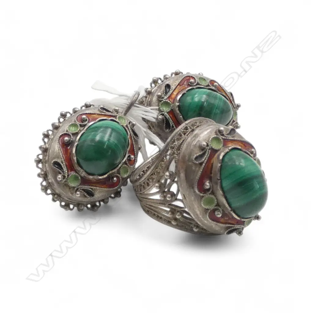 SILVER MALACHITE GLASS & ENAMEL RING SIZE Q & PR EARRINGS Image 1++