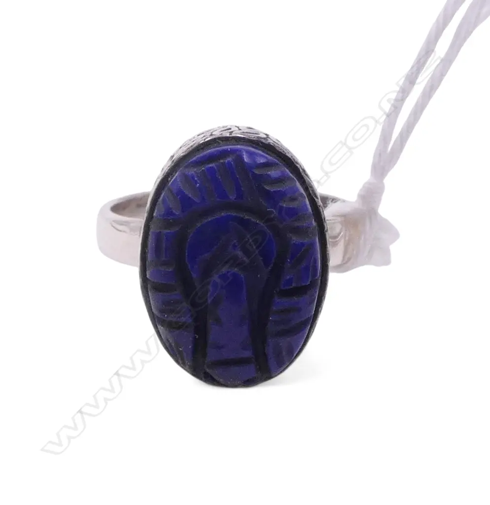 SILVER & CARVED LAPIS LAZULI RING SIZE P Image 1++