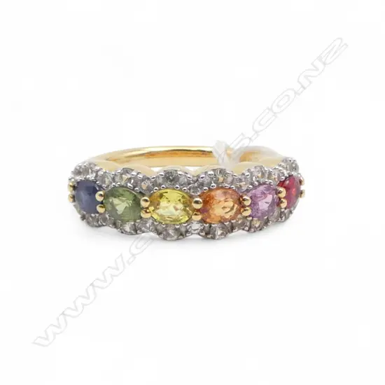 GOLD PLATED DRESS RING w SAPPHIRES & WHITE TOPAZ, SIZE M