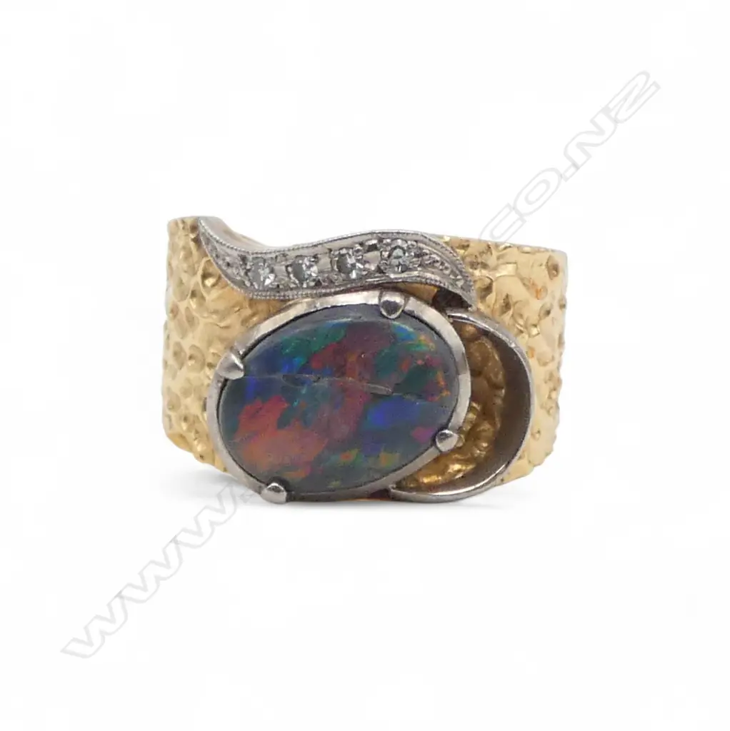 18CT GOLD OPAL AND DIAMOND DRESS RING (VALUATION) 7.7gms SIZE M1/2 opal damaged Image 1++