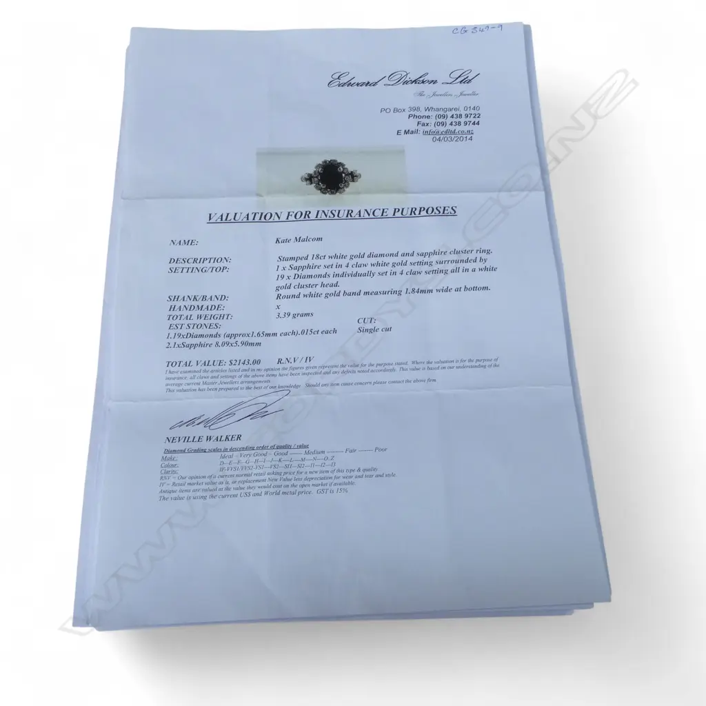 18CT WG DIAMOND & SAPPHIRE RING, 3.39gms size M Image 1++