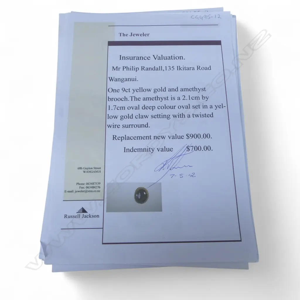 9CT GOLD AND AMETHYST BROOCH with valuation, repairs Image 1++