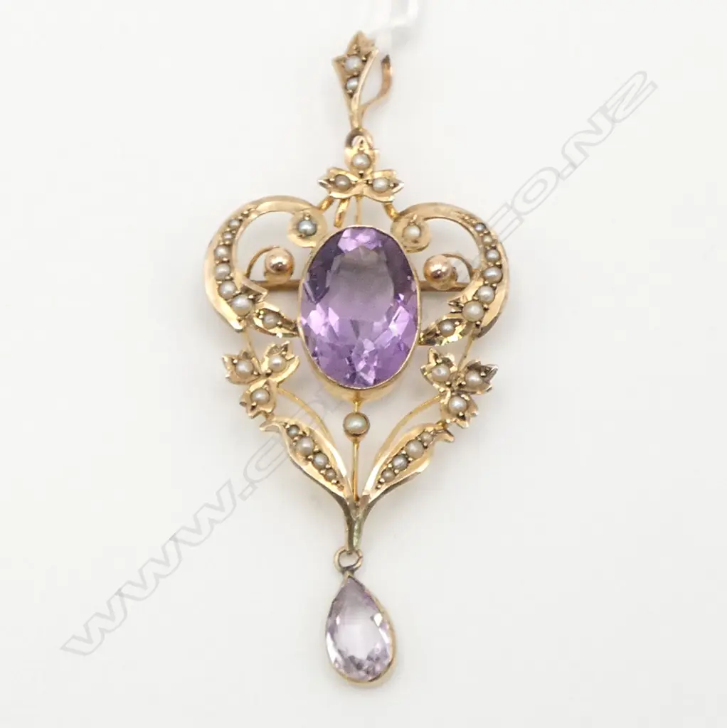 LGE EDWARDIAN 9ct GOLD AMETHYST & SEED PEARL scrolling PENDANT 6.7gms Image 1++