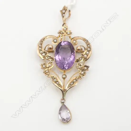 LGE EDWARDIAN 9ct GOLD AMETHYST & SEED PEARL scrolling PENDANT 6.7gms