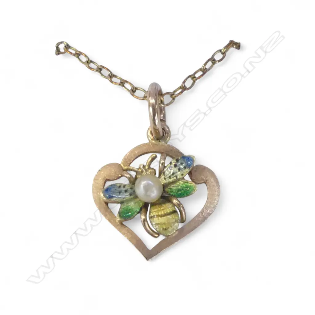 R/G GOLD chain w 9ct bolt ring & 9ct GOLD ENAMELLED BEE PENDANT seed pearl set 2.46gms Image 1++