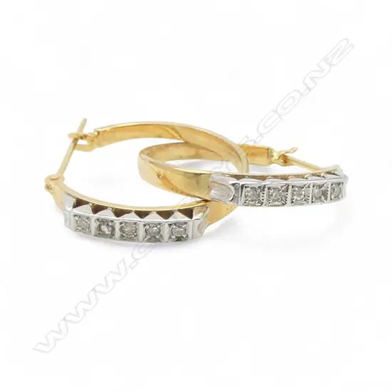 Pair 9ct gold and 5 diamond bridge round hoop earrings 2.83gms