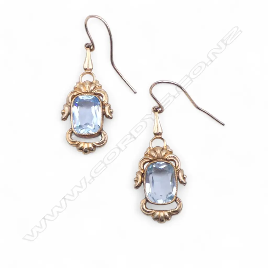 Pair 9ct gold and blue stone  drop earrings 5.29gms Image 1++