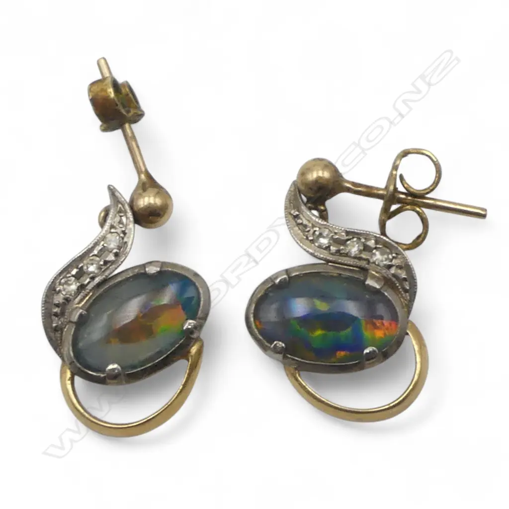 PAIR OF 18CT GOLD OPAL TRIPLEX AND DIAMOND EARRINGS (VALUATION) Image 1++