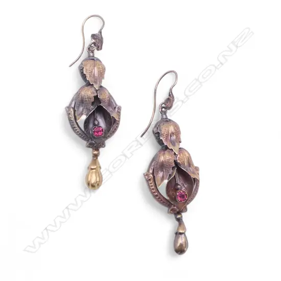 Pair 9ct gold and red stone drop earrings 3.79gms