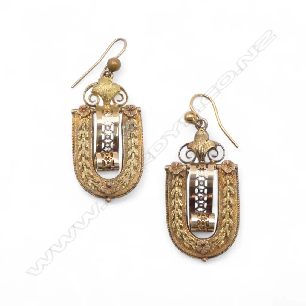 Pair of early colonial 9ct gold oval shape drop earrings. 3.43gms Image 1++